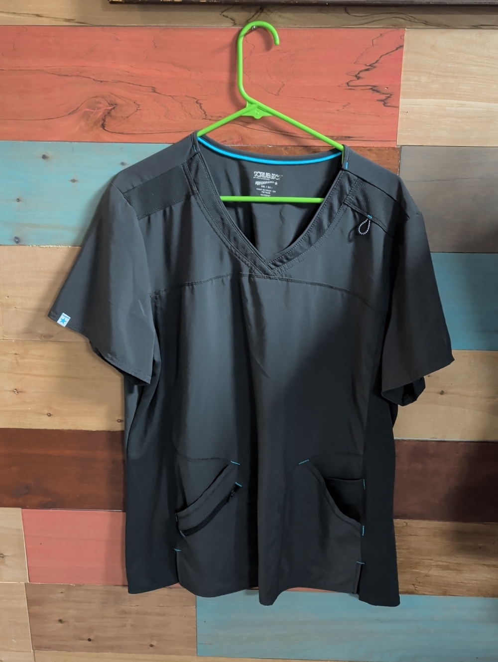 Scrubstar Black V-Neck Short Sleeve Scrub Top with Teal Trim